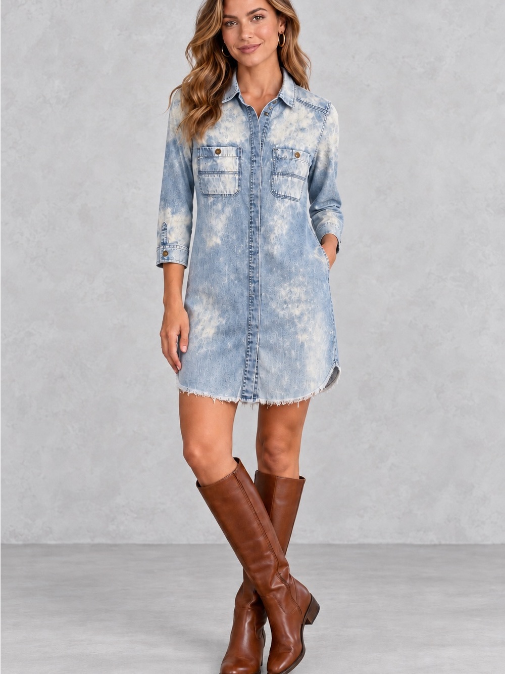 7 For All Mankind Denim Shirtdress Light Blue Acid Wash Raw Hem XS
